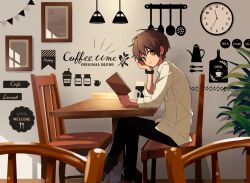 Rule 34 | 1boy, arisa (aren), black eyes, black pants, brown hair, cafe, chair, clock, closed mouth, collared shirt, commentary, crossed legs, cup, dial, earrings, foot out of frame, hand on own face, head rest, highres, holding, indoors, jewelry, light smile, long sleeves, looking at viewer, male focus, menu, on chair, orange eyes, original, pants, picture frame, plant, potted plant, shirt, short hair, sitting, sleeves pushed up, solo, sunlight, table, turning head, watch, white shirt, wooden chair, wooden table, wristwatch