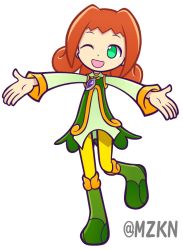 Rule 34 | 1girl, ally (puyopuyo), boots, green eyes, happy, looking at viewer, mzkn002, official style, one eye closed, open mouth, orange hair, pants, pendant, puyopuyo, puyopuyo chronicle, sega, short hair, simple background, smile, wink, yellow pants