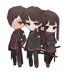 Rule 34 | 1boy, 2girls, bandage over one eye, bandaid, bandaid on face, bandaid on nose, black eyes, black footwear, black gloves, black hair, black jacket, black pants, boots, chibi, full body, gloves, highres, holding, holding sword, holding weapon, jacket, katana, library of ruina, multiple girls, pants, project moon, red eyes, sheath, sheathed, shoes, short hair, simple background, standing, sword, tenma (project moon), to ame ha yaiba, valentin (project moon), weapon, white background, yujin (project moon)