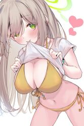 Rule 34 | 1girl, bikini, bikini under clothes, blue archive, blush, breasts, clothes lift, eip (pepai), green eyes, green halo, halo, heart, large breasts, leaning forward, lifting own clothes, light brown hair, looking at viewer, mouth hold, navel, nonomi (blue archive), nonomi (swimsuit) (blue archive), official alternate costume, shirt, shirt lift, short sleeves, simple background, solo, swimsuit, white background, white shirt, yellow bikini