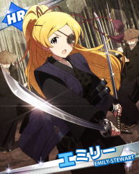 Rule 34 | 10s, 1girl, 2boys, alternate hairstyle, blonde hair, character name, dual wielding, emily stewart, emily stuart, eyepatch, faceless, faceless male, holding, idolmaster, idolmaster million live!, japanese clothes, katana, looking at viewer, multiple boys, official art, ponytail, purple eyes, sword, weapon