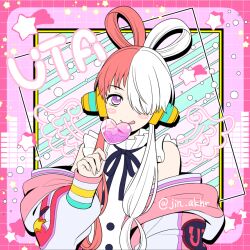 1girl black_ribbon blush_stickers candy copyright_name drawn_wings food hair_over_one_eye hair_rings headphones heart heart-shaped_food heart-shaped_lollipop holding holding_candy holding_food jin_akhr licking_lips lollipop long_hair long_sleeves looking_at_viewer one_piece one_piece_film:_red purple_eyes red_hair ribbon shaped_lollipop solo star_(symbol) tongue tongue_out twitter_username uta_(one_piece) white_hair