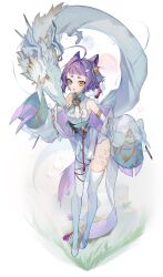 Rule 34 | 1girl, absurdres, ahoge, armpits, character request, china dress, chinese clothes, chinese zodiac, copyright request, dragon, dress, full body, hamita (rikopin ika), heterochromia, highres, new year, open mouth, oversized clothes, purple hair, shoes, short eyebrows, solo, thighhighs, white thighhighs, year of the dragon, zettai ryouiki