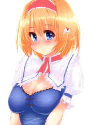 Rule 34 | 1girl, alice margatroid, bad id, bad pixiv id, blonde hair, blue eyes, blush, breasts, capelet, cleavage, demekyon, hairband, heart, large breasts, looking at viewer, short hair, simple background, smile, solo, spoken heart, touhou, upper body, white background