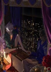Rule 34 | 2boys, arjuna (fate), barefoot, bishounen, black eyes, black hair, blue eyes, book, bottomless, brothers, candlelight, city lights, cityscape, colored skin, crossed legs, cup, curtains, dark-skinned male, dark skin, eating, eyeshadow, fate/grand order, fate (series), flower, food, fruit, full body, hair between eyes, highres, holding, holding cup, holding food, holding fruit, indian clothes, indoors, karna (fate), knees up, looking at another, makeup, male focus, multiple boys, night, open book, open mouth, pale skin, red eyeshadow, red flower, red rose, rose, short hair, siblings, sitting, white hair, white skin, window, yeguangmusi