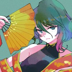 Rule 34 | asagiwa ico, dead or alive, dead or alive 6, dead or alive xtreme venus vacation, film grain, folding fan, green eyes, green hair, hand fan, highres, japanese clothes, kimono, looking at viewer, portrait, tagme, tamaki (doa)