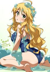 Rule 34 | 1girl, :o, absurdres, ahoge, ass, bare shoulders, barefoot, blonde hair, blush, breasts, green eyes, highres, hoshii miki, idolmaster, idolmaster (classic), large breasts, liquid, long hair, looking at viewer, looking back, one-piece swimsuit, open mouth, school swimsuit, sitting, slime (substance), solo, swimsuit, thighs, tokiani, wariza