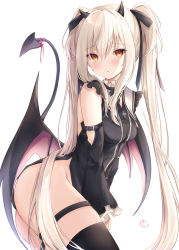 Rule 34 | 1girl, absurdres, black thighhighs, blonde hair, blush, breasts, demon girl, demon tail, detached sleeves, from side, hair ornament, highres, horns, kiri celea, long hair, long sleeves, looking at viewer, medium breasts, orange eyes, original, parted lips, simple background, tail, thighhighs, thighs, twintails, white background, wings