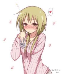 Rule 34 | 1girl, artist name, beer can, blonde hair, blush, can, casual, cherry blossoms, dated, drink can, drunk, heart, ichii yui, long sleeves, looking at viewer, medium hair, mel (melty pot), petals, pink sweater, ribbed sweater, signature, sketch, smile, solo, speech bubble, spoken heart, sweater, yellow eyes, yuyushiki