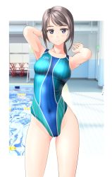 Rule 34 | 1girl, absurdres, blue eyes, blue one-piece swimsuit, breasts, clothes writing, competition swimsuit, contrapposto, covered navel, cowboy shot, grey hair, highleg, highleg swimsuit, highres, indoors, lane line, long hair, looking at viewer, medium breasts, multicolored clothes, multicolored swimsuit, one-piece swimsuit, original, pool, poolside, sidelocks, solo, standing, swimsuit, takafumi