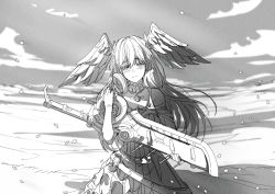 Rule 34 | 1girl, absurdres, curly hair, dress, head wings, highres, holding, holding sword, holding weapon, long hair, melia antiqua, monado rex, monochrome, poteto (potetosarada123), smile, sword, tears, weapon, wind, wings, xenoblade chronicles (series), xenoblade chronicles 1, xenoblade chronicles 3