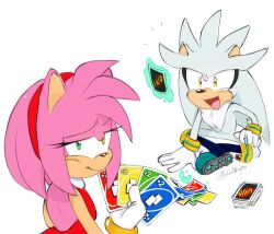 1boy 1girl amy_rose artist_name commentary doriigs english_commentary frown furry furry_female furry_male green_eyes happy headband hedgehog_boy hedgehog_girl imminent_uno_loss_(meme) looking_at_viewer looking_back magic meme silver_the_hedgehog smile sonic_(series) telekinesis uno_(game) white_background yellow_eyes