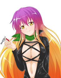 Rule 34 | alternate costume, biker clothes, bikesuit, black bodysuit, blonde hair, bodysuit, breasts, cleavage, closed mouth, collarbone, commentary request, cross-laced clothes, full-length zipper, gradient hair, green scarf, happy, highres, hijiri byakuren, key, keyring, large breasts, latex, latex bodysuit, long hair, long sleeves, midriff, multicolored hair, navel, official alternate costume, one-hour drawing challenge, open clothes, purple hair, scarf, simple background, skin tight, smile, ten&#039;yoku, touhou, turbo byakuren, two-tone hair, unzipped, upper body, urban legend in limbo, very long hair, white background, yellow eyes, zipper