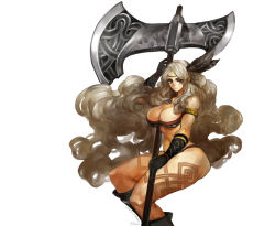 Rule 34 | 1girl, amazon (dragon&#039;s crown), armlet, armor, bikini armor, blonde hair, boots, breasts, circlet, dragon&#039;s crown, fantchi, feathers, gloves, halberd, highres, large breasts, long hair, muscular, muscular female, polearm, purple eyes, solo, tattoo, thick thighs, thighs, weapon