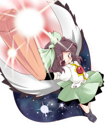 Rule 34 | 1girl, arm cannon, arm up, black hair, bow, brooch, female focus, full body, gem, green skirt, hair bow, jewelry, looking at viewer, muuba, ponytail, red eyes, reiuji utsuho, simple background, skirt, solo, standing, third eye, touhou, weapon, white background