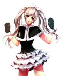 Rule 34 | 1girl, asymmetrical gloves, beads, black gloves, blush, bow, brown eyes, frilled skirt, frills, gloves, green gloves, hair bow, head tilt, jussica, long hair, looking at viewer, mismatched gloves, original, parted lips, silver hair, simple background, skirt, solo, standing, twintails, white background, white skirt
