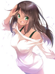 Rule 34 | 1girl, :d, arm up, bare shoulders, blush, bra strap, breasts, brown hair, collarbone, colored eyelashes, cowboy shot, dark-skinned female, dark skin, ears visible through hair, from above, green eyes, hand on own head, large breasts, long hair, long sleeves, looking at viewer, looking up, mocha (naturefour), off-shoulder, off-shoulder sweater, off shoulder, open mouth, original, petals, salute, signature, simple background, smile, solo, standing, sweater, swept bangs, tareme, white background, white sweater