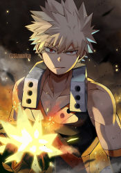 Rule 34 | 1boy, arms at sides, ashes, bakugou katsuki, bare shoulders, biceps, black shirt, blonde hair, boku no hero academia, collarbone, detached sleeves, embers, explosion, fire, gloves, hand up, highres, looking at viewer, male focus, muscular, muscular male, narrowed eyes, neck brace, orange x, parted lips, pectoral cleavage, pectorals, pyrokinesis, raised eyebrow, red eyes, scowl, shirt, short hair, skin tight, sleeveless, smoke, solo, sparks, spiked hair, tonbanlove, twitter username, upper body, v-neck, v-shaped eyebrows, vambraces, x