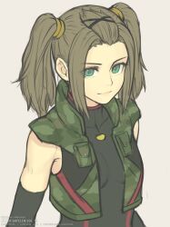Rule 34 | 1girl, bangs pinned back, black bodysuit, bodysuit, breasts, brown background, brown hair, closed mouth, commentary, forehead, gofelem, green eyes, green vest, looking at viewer, open clothes, open vest, shania (xenoblade), simple background, small breasts, smile, solo, twintails, unfinished, upper body, vest, watermark, web address, xenoblade chronicles (series), xenoblade chronicles 3