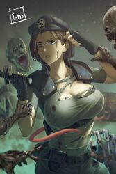 Rule 34 | 1girl, absurdres, arm grab, artist name, belt, black gloves, blood, blood on face, blue eyes, blue shirt, blurry, blurry background, breasts, brown hair, capcom, cleavage, colored skin, corpse, female service cap, fingerless gloves, gloves, grey skin, hair behind ear, hat, highres, holding, holding knife, jill valentine, knife, large breasts, pants, police, police hat, police uniform, policewoman, pouch, resident evil, shirt, short hair, solo focus, tomo eokaiteru, torn clothes, torn shirt, undead, uniform, zombie