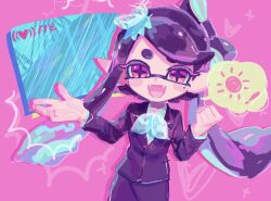 Rule 34 | !, 1girl, black hair, black suit, bow-shaped hair, callie (splatoon), clenched hand, commentary request, eyelashes, fangs, formal, gradient hair, heart, inkling, long hair, looking at viewer, loveseaocolors, multicolored hair, nintendo, open mouth, pink background, pink eyes, pink hair, pointy ears, see-through bowtie, short eyebrows, smile, solo, sparkle, splatoon (series), splatoon 3, spoken exclamation mark, spoken symbol, star-shaped pupils, star (symbol), suit, sun symbol, symbol-shaped pupils, tentacle hair, thick eyebrows, two-tone hair, very long hair