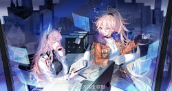 Rule 34 | 2girls, animal ears, black gloves, blonde hair, breasts, character name, chinese commentary, choker, clipboard, closed eyes, coffee, collarbone, commentary request, cup, desk, fingerless gloves, fur collar, girls&#039; frontline, girls&#039; frontline neural cloud, gloves, hair ornament, hair scrunchie, highres, hitokoto, holding, holding clipboard, holding cup, id card, jacket, jewelry, keyboard (computer), lab coat, large breasts, long hair, long sleeves, looking at another, monitor, mug, multiple girls, necklace, on desk, open mouth, orange jacket, paper, persicaria (neural cloud), pink hair, ponytail, ribbed shirt, scrunchie, shirt, smile, sol (neural cloud), weibo watermark, white shirt, yellow eyes