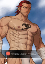 Rule 34 | 1boy, abs, bandaged arm, bandages, bara, beard stubble, bulge, chest tattoo, cowboy shot, dark-skinned male, dark skin, facial hair, fairy tail, frown, gildarts clive, hair slicked back, hydaria, large pectorals, loincloth, long sideburns, looking ahead, male focus, medium hair, muscular, muscular male, mustache stubble, navel, nipples, paid reward available, pectorals, red hair, shredded muscles, sideburns, solo, standing, stomach, stubble, tattoo, topless male, veins, veiny arms, watermark