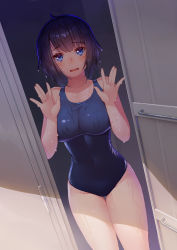 Rule 34 | 1girl, ahoge, bare arms, bare shoulders, black hair, black one-piece swimsuit, blue eyes, blush, breasts, collarbone, commentary request, competition swimsuit, copyright request, covered navel, dutch angle, fang, groin, hands up, indoors, kibanda gohan, large breasts, looking at viewer, one-piece swimsuit, open door, parted lips, short hair, skin fang, solo, standing, swimsuit, thigh gap, thighs, wet, wet clothes, wet hair, wet swimsuit