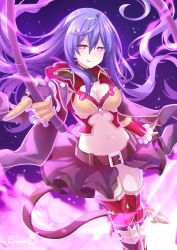 Rule 34 | 1girl, artist name, belt, binato lulu, blush, braid, breasts, cleavage, cosplay, gloves, granblue fantasy, holding, holding whip, iris heart, kami jigen game neptune v, large breasts, licking lips, long hair, looking at viewer, navel, neptune (series), pink eyes, purple hair, red thighhighs, skirt, smile, solo, symbol-shaped pupils, thighhighs, tongue, tongue out, very long hair, zeta (granblue fantasy), zeta (granblue fantasy) (cosplay)