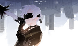 Rule 34 | 1boy, 1girl, black blindfold, black choker, black gloves, blindfold, building, character name, choker, closed mouth, gloves, highres, holding, holding hands, iris yi, light particles, nier (series), nier:automata, smile, solo focus, upside-down, white hair, 2b (nier:automata), 9s (nier:automata)