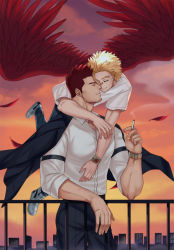 Rule 34 | 2boys, alternate costume, blonde hair, boku no hero academia, cigarette, couple, closed eyes, facial hair, feathered wings, fence, flying, greyscale, hawks (boku no hero academia), heads together, helen roro, highres, jacket, jacket on shoulders, large pectorals, male focus, mature male, monochrome, multiple boys, muscular, muscular male, pectorals, red hair, red wings, shirt, short hair, sideburns, smile, smoke, spiked hair, stubble, sunset, endeavor (boku no hero academia), white shirt, wings, yaoi