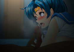 Rule 34 | 1boy, 1girl, bed sheet, bishoujo senshi sailor moon, blue eyes, blue hair, blush, breasts, censored, clothed female nude male, dark-skinned male, dark skin, earrings, eyebrows, fellatio, from side, head out of frame, hetero, jewelry, large breasts, lying, magical girl, mizuno ami, nanashi noiji, nude, on bed, open clothes, open mouth, oral, penis, sailor mercury, saliva, school uniform, serafuku, short hair, sideboob, solo focus, tiara, tongue, tongue out
