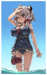 Rule 34 | 10s, 1girl, ;&gt;, bare arms, blue one-piece swimsuit, blue sky, blush, breasts, cameltoe, cleavage, covered erect nipples, day, draph, dynamite, explosive, granblue fantasy, hair between eyes, hand on own head, highres, horns, kosuke orz, kumuyu, large breasts, long hair, low twintails, one-piece swimsuit, outdoors, partially submerged, scrunchie, silver hair, sky, smile, solo, sparkle, swimsuit, thigh strap, twintails, wading, water, yellow eyes