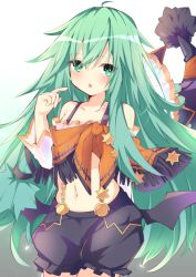 Rule 34 | 1girl, arm behind back, bare shoulders, black shorts, blush, chain, cowboy shot, crop top, date a live, demon wings, frills, green eyes, green hair, hand up, hat, hat on back, unworn hat, unworn headwear, jam (jamjam777), long hair, looking at viewer, messy hair, midriff, natsumi (date a live), navel, off shoulder, open mouth, pointing, pointing at self, poncho, short shorts, shorts, solo, star pin, suspender shorts, suspenders, very long hair, wide sleeves, wings, witch, witch hat