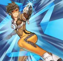 Rule 34 | 1girl, arnat chintanont, bodysuit, breasts, brown hair, dual wielding, emphasis lines, freckles, goggles, gun, handgun, holding, jacket, looking at viewer, overwatch, overwatch 1, short hair, smile, solo, spiked hair, tracer (overwatch), weapon