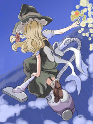 Rule 34 | 1girl, back, blonde hair, cloud, cx, female focus, floating hair, flying, from behind, hat, kirisame marisa, lowres, magic, nanami sano, sidesaddle, sky, solo, tank top, touhou, twintails, vacuum cleaner, witch hat