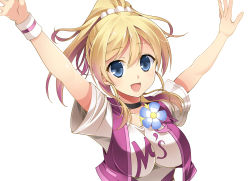Rule 34 | 10s, 1girl, :d, arms up, ayase eli, blonde hair, blue eyes, breasts, choker, flower, hands up, ishigami kazui, large breasts, looking at viewer, love live!, love live! school idol festival, love live! school idol project, open mouth, ponytail, short hair, simple background, smile, solo, white background