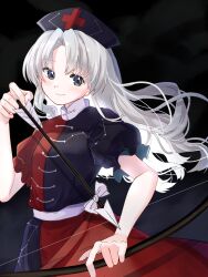 Rule 34 | 1girl, arrow (projectile), black background, black dress, black headwear, bow (weapon), closed mouth, commentary, constellation print, dress, grey eyes, highres, kimura8556spsk, long hair, looking at viewer, parted bangs, red dress, short sleeves, simple background, smile, solo, touhou, trigram, two-tone dress, upper body, weapon, white hair, yagokoro eirin