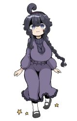 Rule 34 | 1girl, @ @, absurdres, ahoge, alternate hairstyle, black hair, braid, breasts, creatures (company), dress, full body, game freak, hairband, hex maniac (pokemon), highres, large breasts, long hair, long sleeves, looking at viewer, nintendo, pokemon, pokemon xy, purple eyes, simple background, solo, tazonotanbo, turtleneck, white background