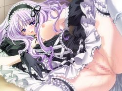 Rule 34 | 1girl, breasts, carnelian, censored, game cg, gloves, large breasts, maid, mosaic censoring, night demon, purple hair, pussy, pussy juice, rushiru, solo, spread legs, thighhighs