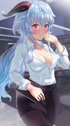 Rule 34 | 1girl, ahoge, alternate costume, black pantyhose, blue hair, blush, breasts, cleavage, collared shirt, contemporary, ganyu (genshin impact), genshin impact, goat horns, half-closed eyes, highres, horns, long hair, long sleeves, looking at viewer, medium breasts, office, office lady, pantyhose, pencil skirt, purple eyes, shirt, skirt, smile, solo, uenoryoma