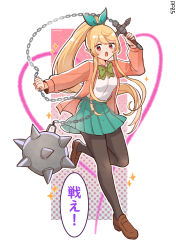 Rule 34 | 1girl, absurdres, alternate costume, ball and chain (weapon), blonde hair, fairy, flower, green ribbon, hair ornament, hair ribbon, hakamii, high ponytail, highres, holding, holding weapon, long hair, nijisanji, nijisanji en, open mouth, pointy ears, pomu rainpuff, ponytail, red eyes, ribbon, school uniform, skirt, solo, spiked ball and chain, translation request, virtual youtuber, weapon