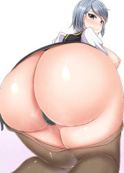 Rule 34 | 1girl, ace attorney, ass, blue eyes, blush, breasts, clothes pull, franziska von karma, from behind, gloves, highres, huge ass, kneeling, large breasts, looking down, pantyhose, pantyhose pull, shiny skin, short hair, sideboob, silver hair, skirt, smile, solo, thong, upskirt, yeneisha