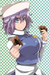 Rule 34 | 1girl, blue eyes, breasts, card, female focus, gradient background, hat, highres, large breasts, letty whiterock, looking at viewer, parody, polka dot, polka dot background, purple hair, short hair, smile, solo, touhou, upper body, yet you, yu-gi-oh!
