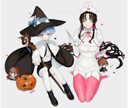 Rule 34 | 1boy, 1girl, animal ears, black cape, black footwear, black hair, black shorts, blue bow, blue eyes, blue hair, blue ribbon, bow, breasts, brown eyes, brown hair, candy, cape, cat ears, chest tattoo, child, cleavage, cleavage cutout, clothing cutout, commentary request, cross, demon girl, elbow gloves, facial mark, fake animal ears, fate/extra, fate/extra ccc, fate (series), food, forehead mark, forehead tattoo, full body, garter belt, gloves, halloween, halloween costume, hans christian andersen (fate), happy halloween, hat, heart, high heels, highres, holding, holding staff, holding syringe, horns, jack-o&#039;-lantern, kishinami hakuno (female), kishinami hakuno (male), long hair, long sleeves, looking at viewer, multicolored hair, multiple boys, multiple girls, nurse, nurse cap, parted bangs, parted lips, pink hair, pink ribbon, pink thighhighs, pith u, puffy short sleeves, puffy sleeves, rabbit ears, red horns, ribbon, sessyoin kiara, short hair, short sleeves, shorts, sidelocks, simple background, sitting, smile, staff, streaked hair, stuffed toy, suspender shorts, suspenders, syringe, tattoo, thighhighs, vampire, very long hair, wariza, white background, white footwear, white gloves, white thighhighs, wizard hat, yellow eyes