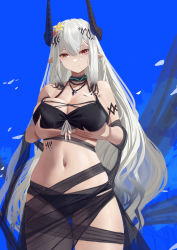 Rule 34 | 1girl, absurdres, arknights, arm strap, bare shoulders, bikini, black bikini, black hair, blue sky, breast hold, breasts, cleavage, closed mouth, collar, collarbone, cowboy shot, day, flower, gluteal fold, gradient hair, hair flower, hair ornament, highres, horns, infection monitor (arknights), jewelry, large breasts, looking at viewer, lwj, material growth, mudrock (arknights), mudrock (silent night) (arknights), multicolored hair, necklace, official alternate costume, oripathy lesion (arknights), outdoors, petals, pointy ears, red eyes, sarong, see-through, shawl, silver hair, sky, solo, straight hair, swimsuit, thigh gap, thighs, yellow flower
