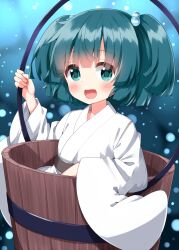 Rule 34 | 1girl, bucket, commentary request, dark green hair, green eyes, green hair, hair bobbles, hair ornament, highres, holding, in bucket, in container, kisume, looking at viewer, one-hour drawing challenge, open mouth, ruu (tksymkw), short hair, smile, solo, touhou, wooden bucket