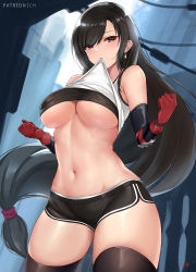 Rule 34 | 1girl, bare shoulders, black hair, black shorts, black thighhighs, blush, breasts, clothes in mouth, clothes lift, cyicheng, earrings, elbow gloves, elbow pads, final fantasy, final fantasy vii, final fantasy vii remake, gloves, jewelry, large breasts, lifting own clothes, long hair, looking at viewer, low-tied long hair, midriff, mouth hold, navel, red eyes, shirt, shirt in mouth, shirt lift, short shorts, shorts, skirt, solo, standing, suspender skirt, suspenders, swept bangs, tank top, taut clothes, taut shirt, thighhighs, tifa lockhart, underboob, very long hair, white tank top
