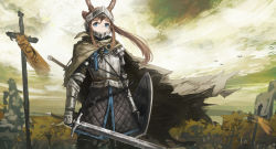 Rule 34 | 1girl, absurdres, amiya (arknights), animal ears, arknights, armor, blue eyes, brown cape, brown hair, cape, commentary, cosplay, day, elden ring, english commentary, franlol, helmet, highres, holding, holding shield, holding sword, holding weapon, knight, outdoors, plate armor, rabbit ears, rabbit girl, shield, solo, standing, sword, tarnished (elden ring), vagabond (elden ring), weapon