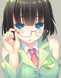 Rule 34 | 1girl, adjusting eyewear, bare shoulders, bespectacled, black hair, blue eyes, blush, buttons, collared shirt, commentary request, detached sleeves, dress shirt, glasses, green eyes, green jacket, grey background, highres, jacket, kyoumachi seika, nail polish, necktie, open mouth, portrait, red necktie, shirt, short hair, sleeveless, sleeveless jacket, sleeveless shirt, solo, sumikaze, voiceroid, white shirt
